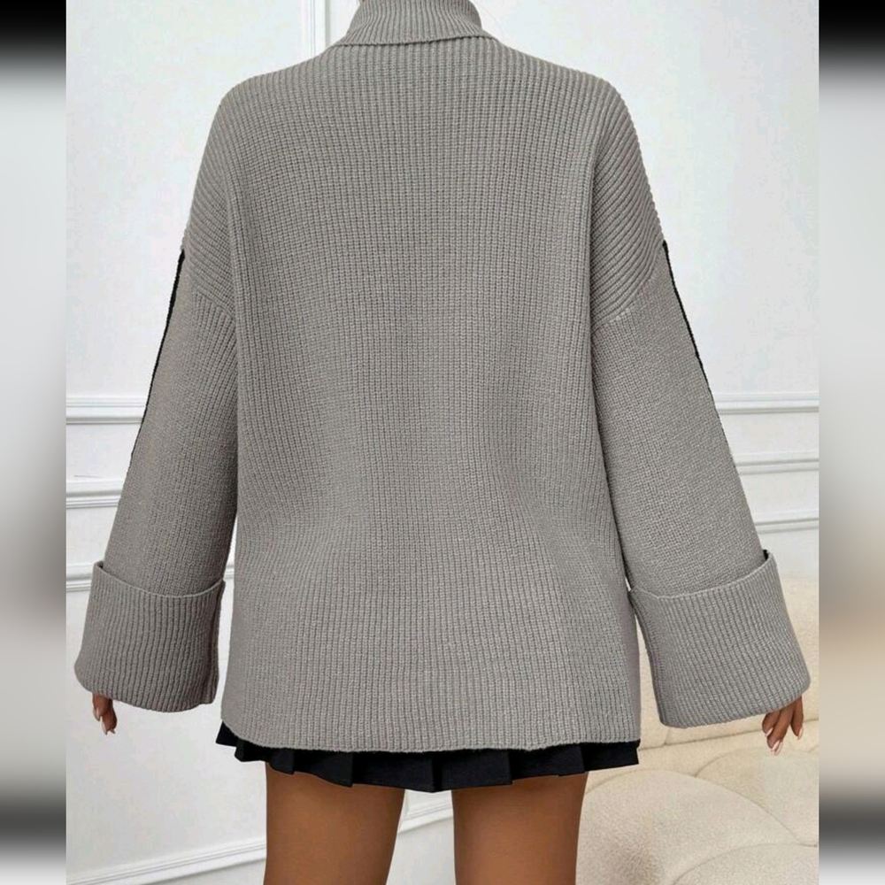 Women's Casual Contrast Color Fold Cuff Turtleneck Sweater, Autumn/ - Picture 2 of 6